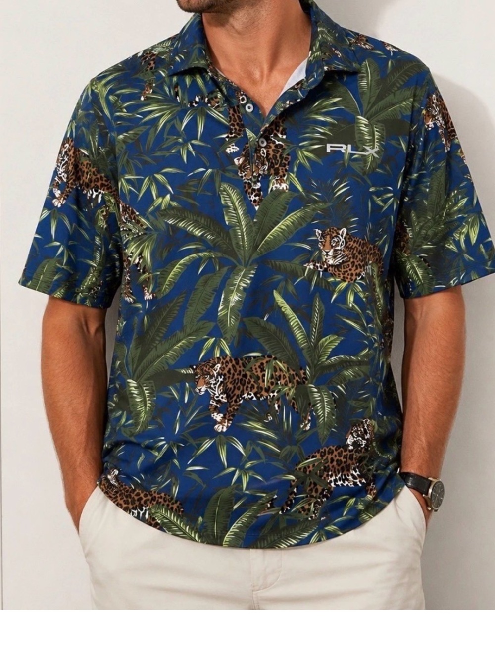 Ralph Lauren RLX Golf Performance Polo Large L Blue Tiger Leopard Safari Leaf